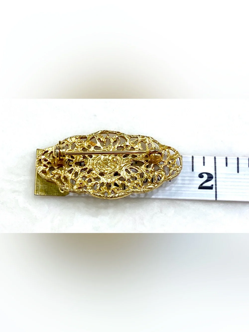 Vintage Gold Filigree Floral Brooch with Clear Crystal Accent